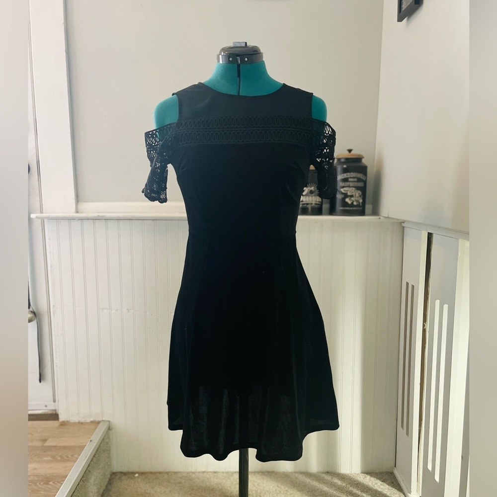Top Shop black velvet and lace cold shoulder dress